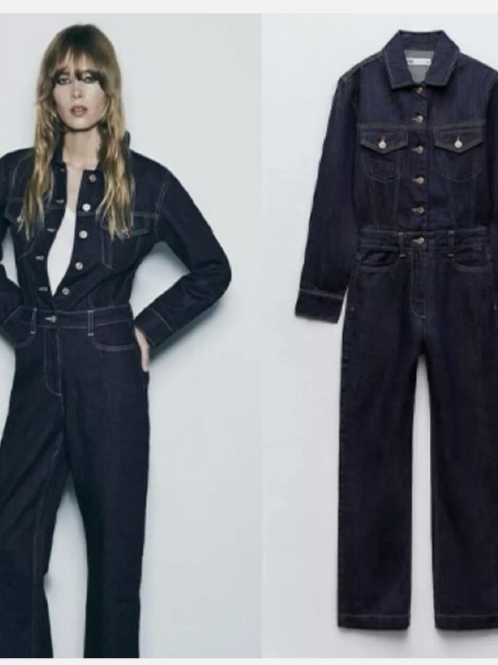 Zara Dark Indigo Denim Overalls - Long Sleeve Jumpsuit